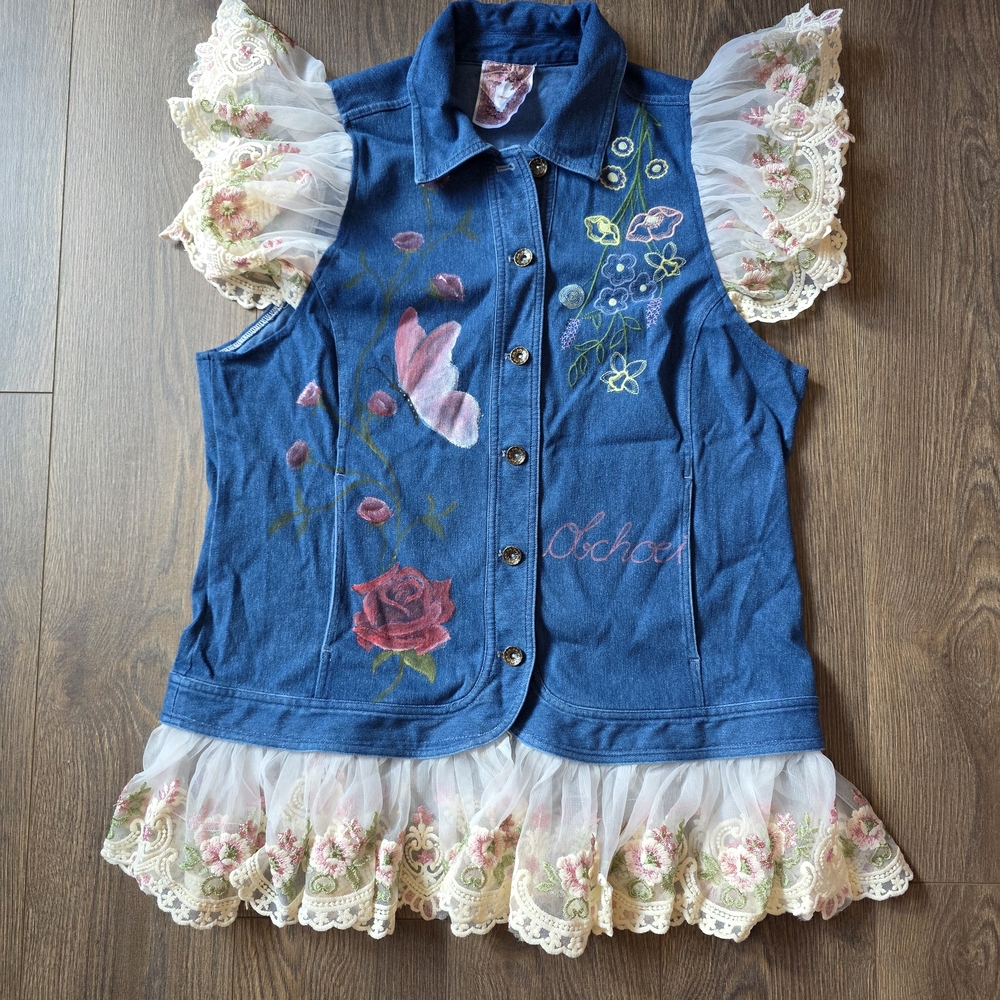 Denim Floral Embroidered Ruffled Vest